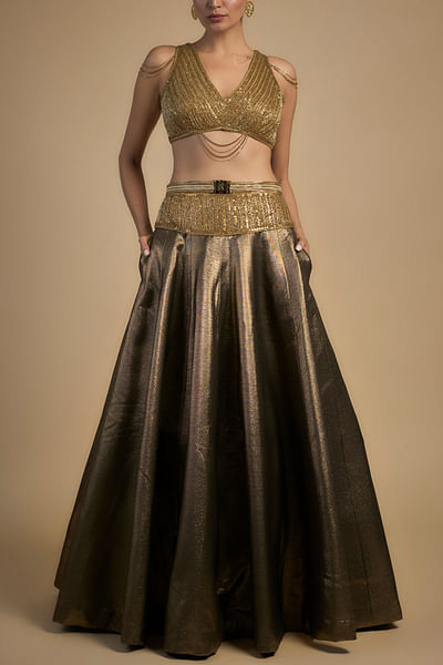 Gold sequin blouse lehenga set
