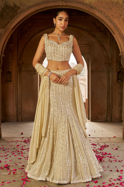 Gold sequin embroidered fishtail lehenga set