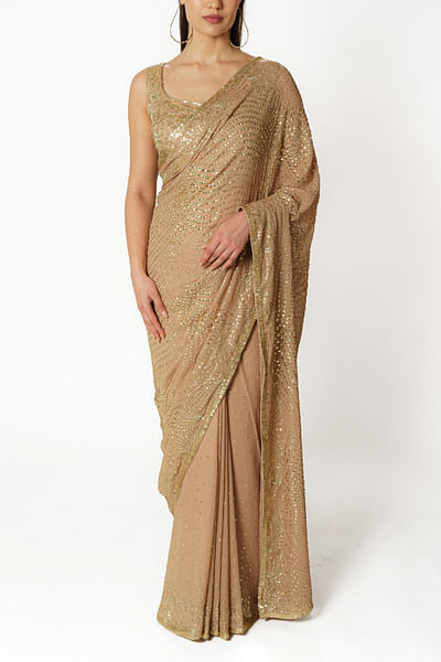 Gold sequin embroidered sari set
