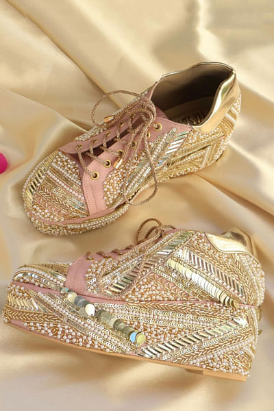 Gold sequin embroidered sneaker wedges