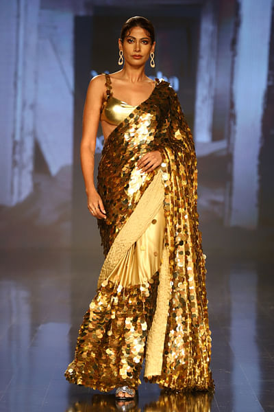 Gold sequin hand embroidered sari set