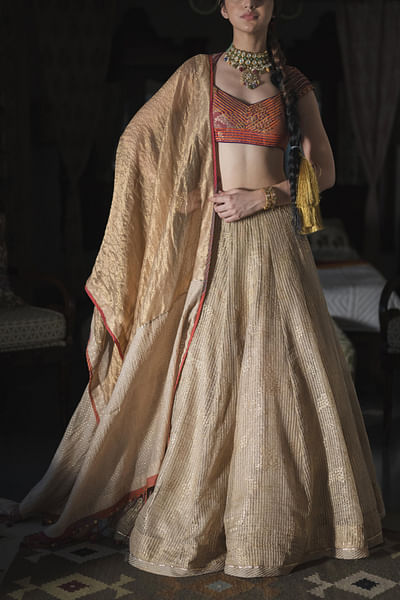 Gold striped foil block printed lehenga