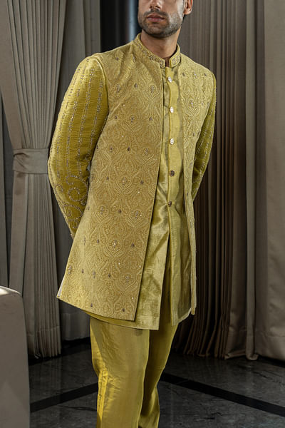 Gold yellow zardozi embroidered jodhpuri set
