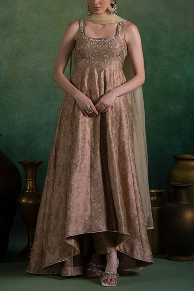 Golden peach embroidered brocade anarkali set