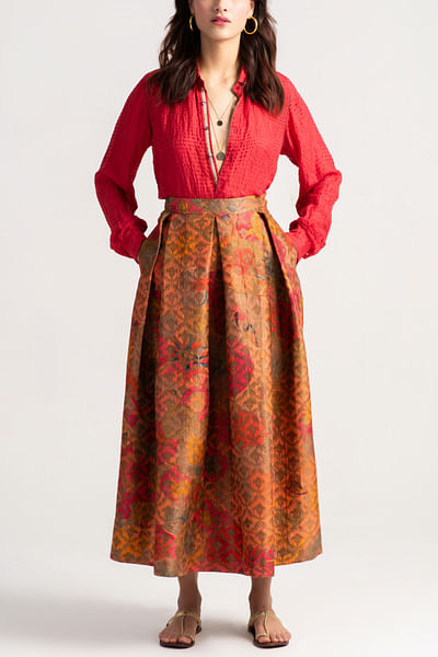 Grapefruit floral printed brocade skirt
