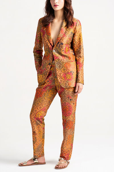 Grapefruit floral printed brocade trousers