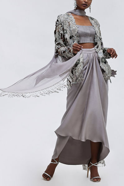 Gray embellished jacket and draped skirt set