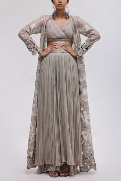 Gray floral appliqued long jacket set
