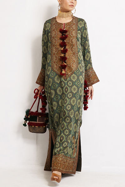 Green ajrakh printed kaftan kurta