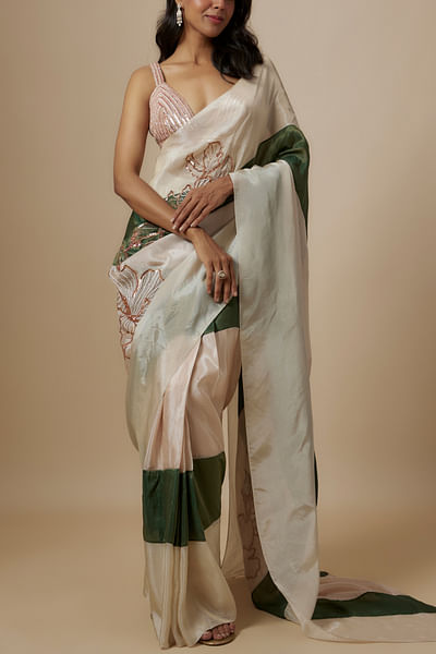 Green and beige colour block sari set
