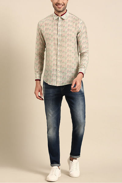 Green and beige digital print muslin shirt