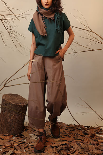 Green and beige top and balloon pants