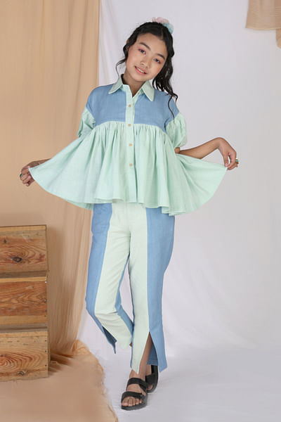Green and blue colour blocked co-ords