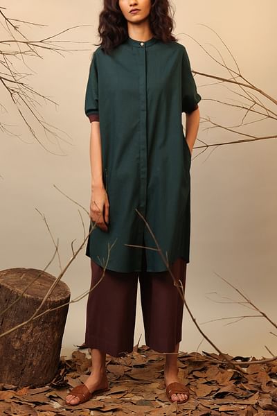 Green and brown colour blocked shirt tunic