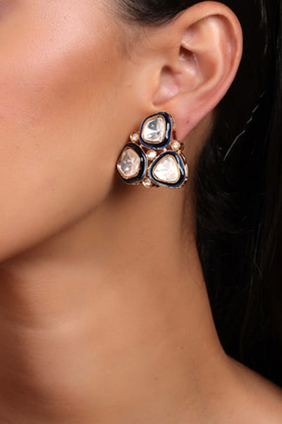 Gold triangle kundan meenakari stud earrings