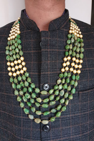 Green and gold pearl beaded layered necklace