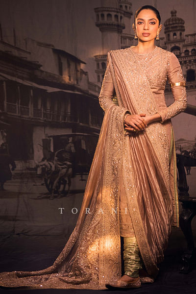 Green and golden hand embroidered kurta set