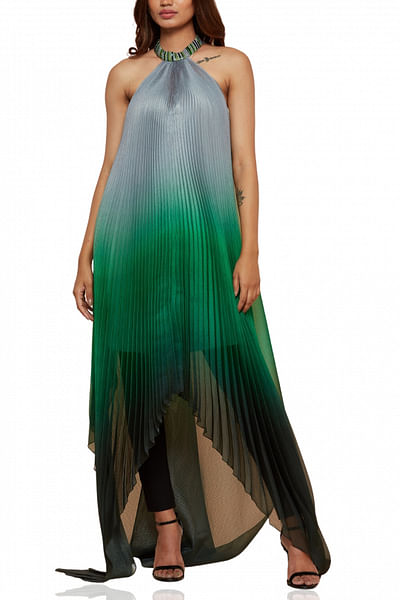 Green and grey ombre pleated dress