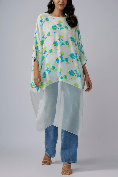 Green and ivory floral printed tunic