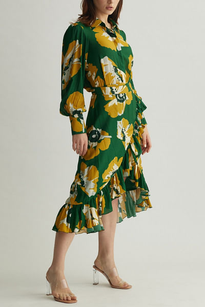 Green and mustard floral wrap skirt