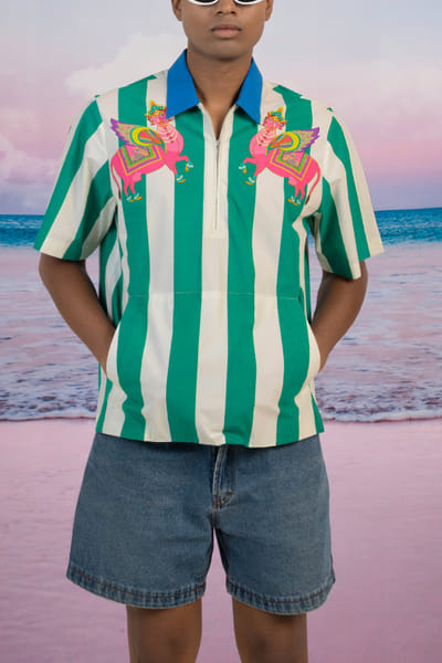 Siddhartha Bansal Green and pink cow and stripe print t-shirt SDBAUG24D128