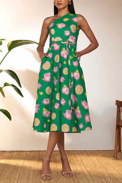 Green and pink cutlery printed dress