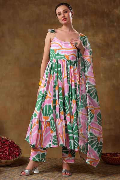 Green and pink floral print frill anarkali set