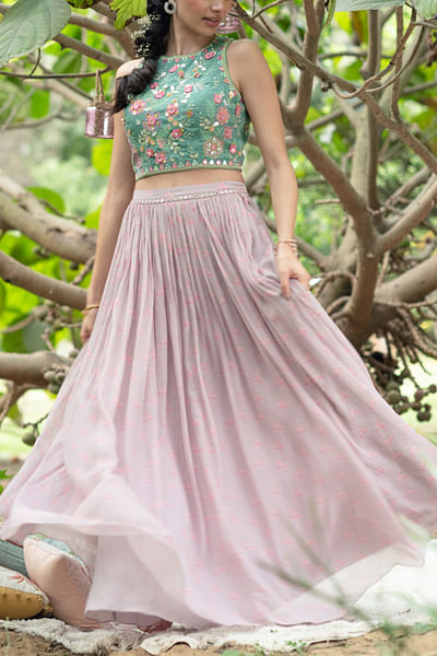 Green and pink floral printed skirt set