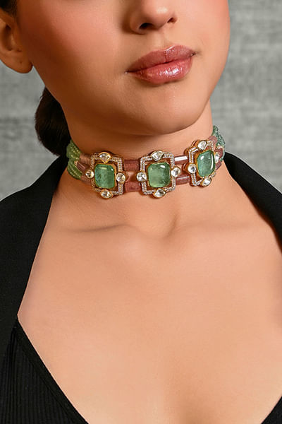 Green and pink kundan and stone choker