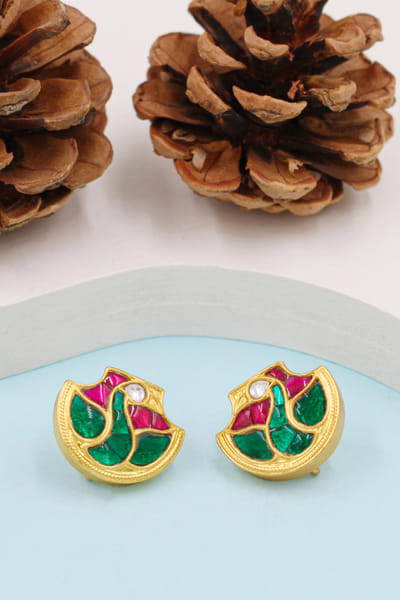 Green and pink kundan earrings
