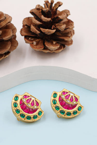 Green and pink kundan embellished earrings