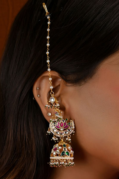 Green and pink kundan extension jhumkas