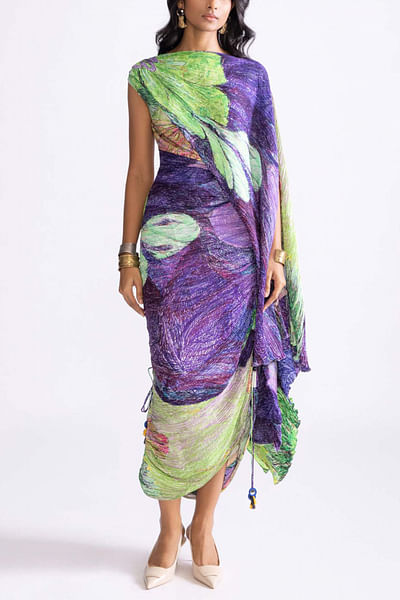 Green and purple floral printed cape dress