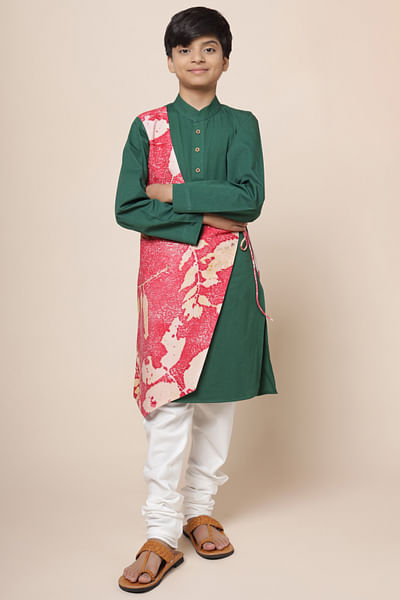 Green and red leaf printed asymmetric kurta set