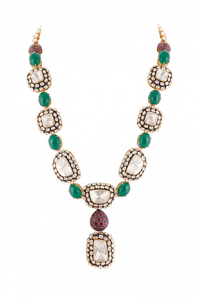 Green and red moissanite polki long necklace set