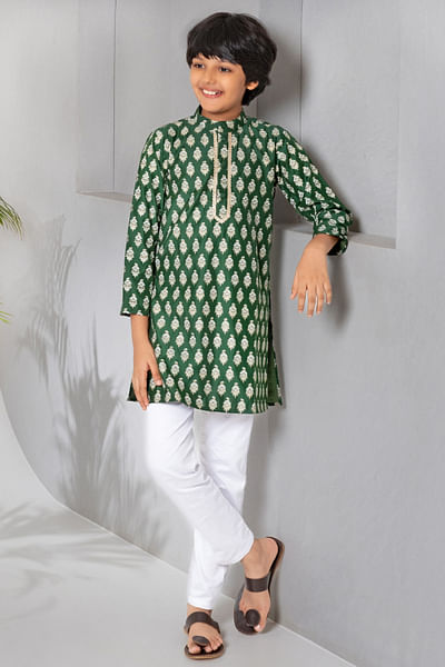 Green and white chanderi kurta set