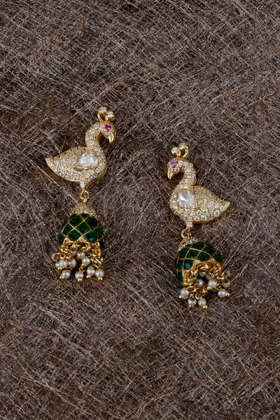 Green and white moissanite polki jhumkas