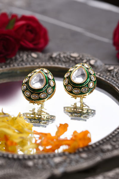 Green and white polki meenakari earrings