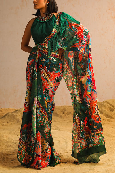 Green artisanal print pre-draped sari set