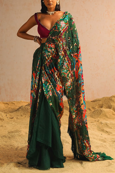 Green artisanal printed pre-draped sari set