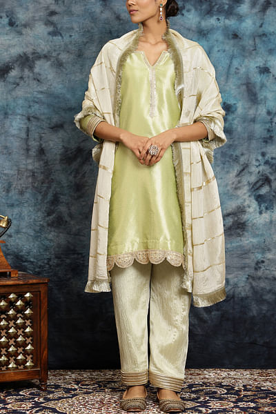 Green banarasi silk kurta set