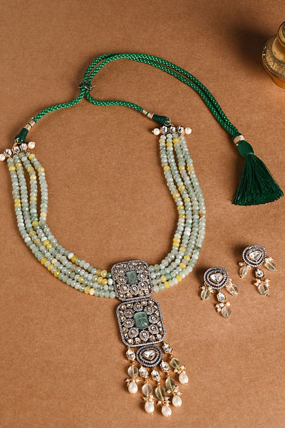 Green bead and kundan polki layer necklace set