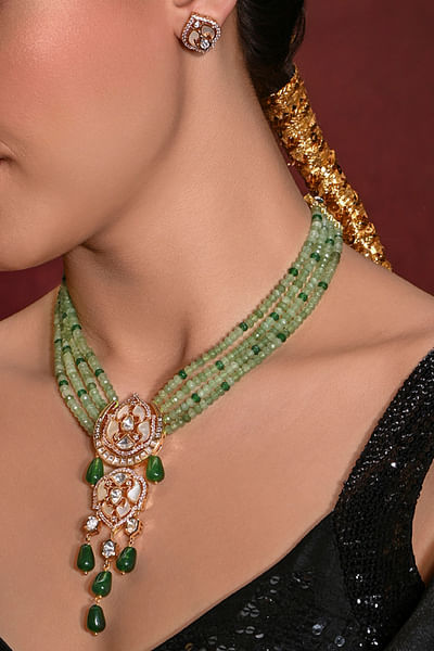 Green bead and kundan polki necklace set