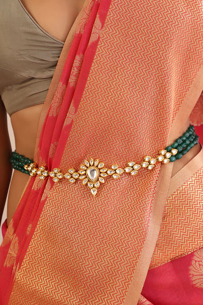 Green bead and kundan waist belt