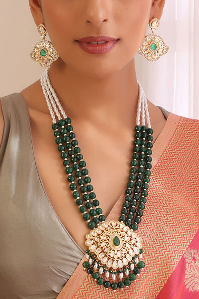Green bead and moissanite polki necklace set