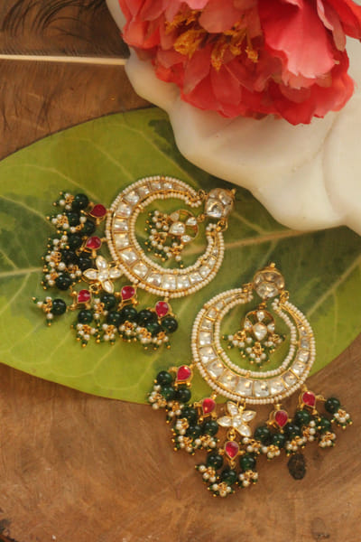 Riana Jewellery Green bead embellished chandbalis RIAFEB25D116701