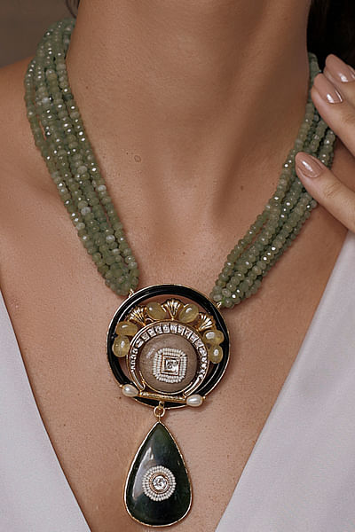 Green bead embellished necklace