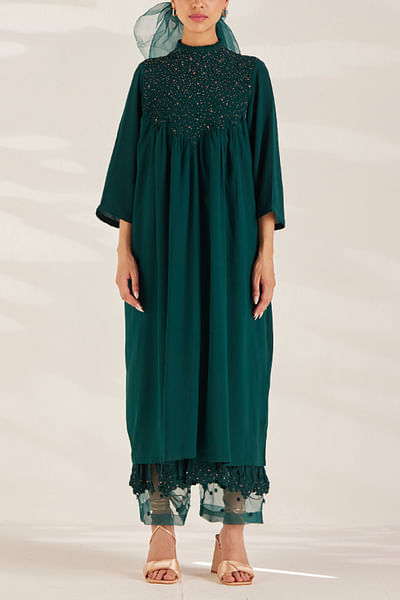 Green bead embellished smocked co-ords