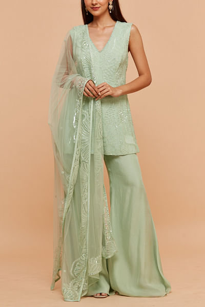Green coral embroidered kurta and sharara set