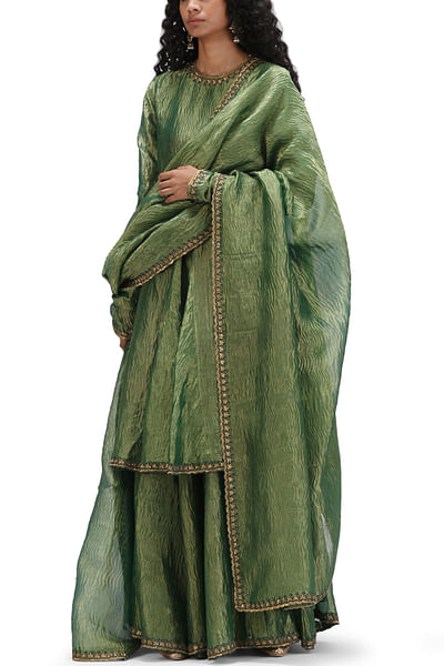 Green crushed tissue woven gharara set